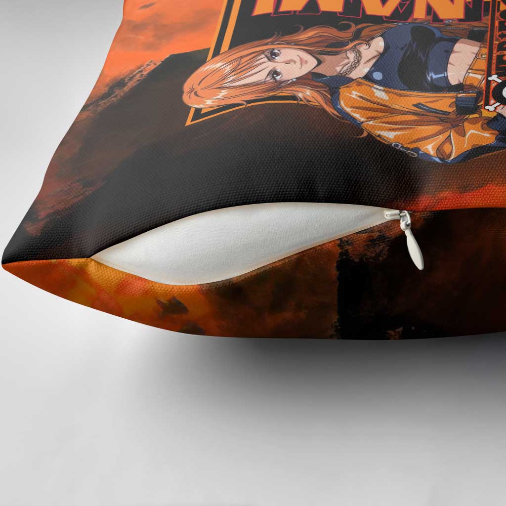 Nami One Piece Orange and Black Theme Pillow Cover with Navigator Pose and Weather Staff Design - The Mazicc