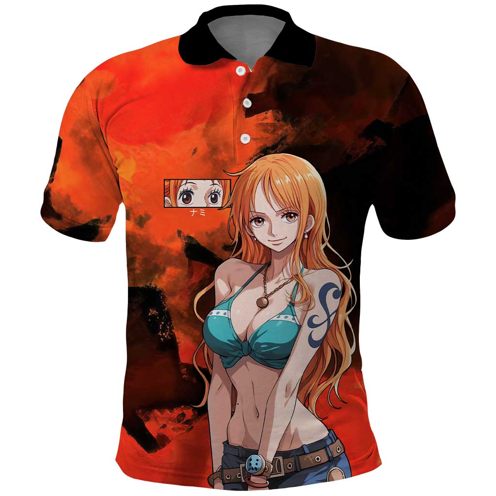 Nami One Piece Orange and Black Theme Polo Shirt with Navigator Pose and Weather Staff Design - The Mazicc