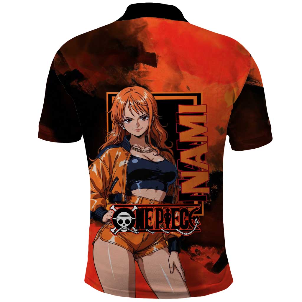 Nami One Piece Orange and Black Theme Polo Shirt with Navigator Pose and Weather Staff Design - The Mazicc