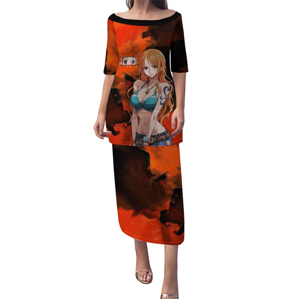 Nami One Piece Orange and Black Theme Puletasi with Navigator Pose and Weather Staff Design - The Mazicc