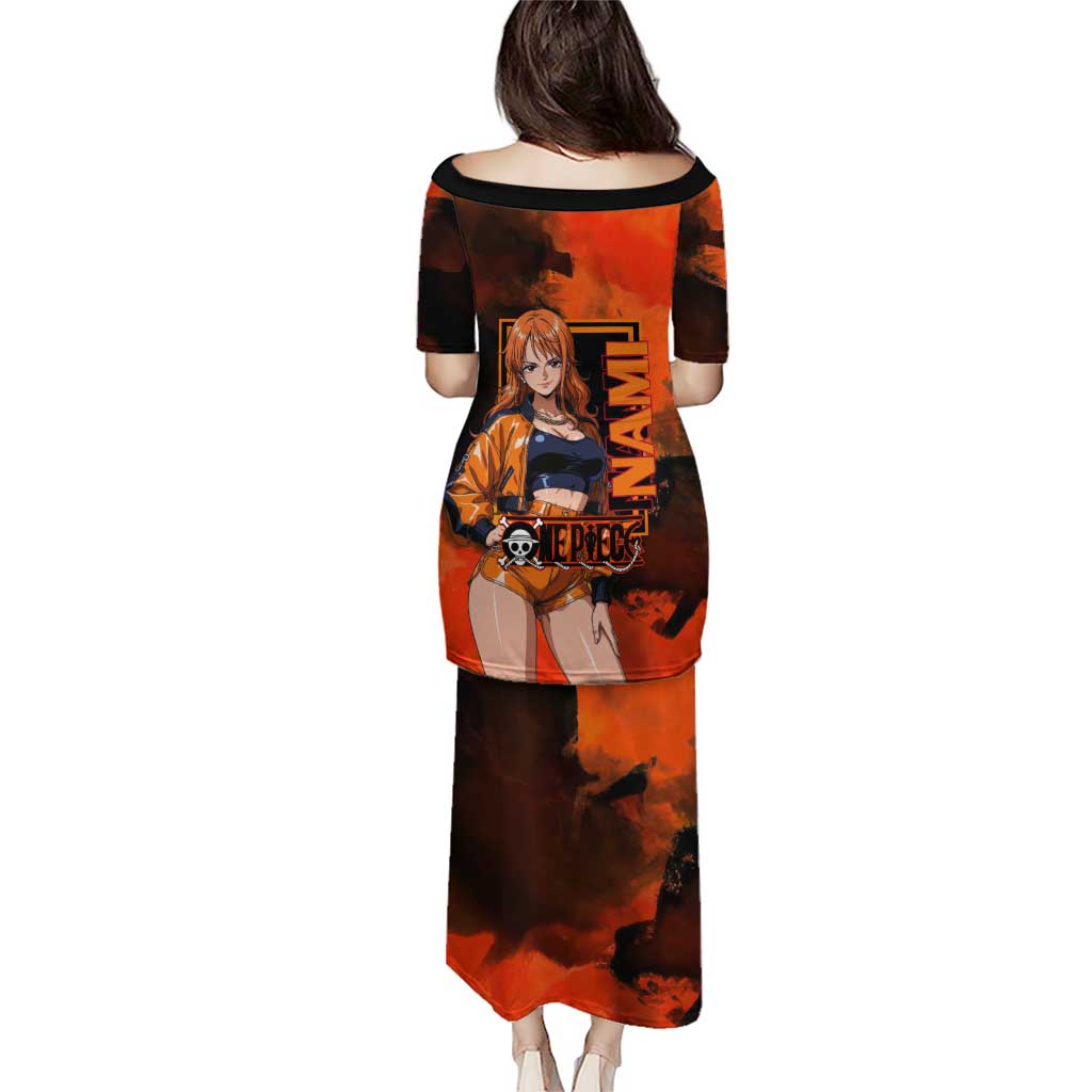 Nami One Piece Orange and Black Theme Puletasi with Navigator Pose and Weather Staff Design - The Mazicc