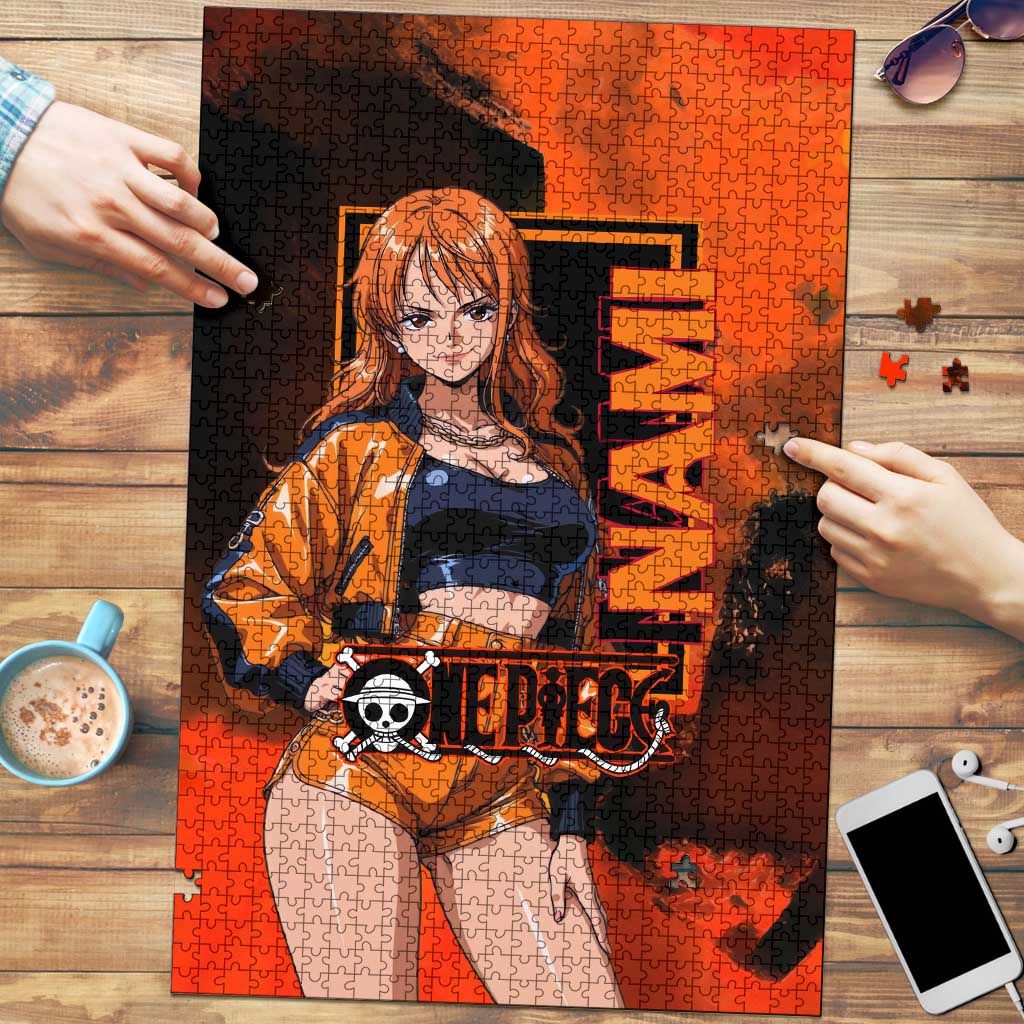 Nami One Piece Orange and Black Theme Puzzle with Navigator Pose and Weather Staff Design - The Mazicc