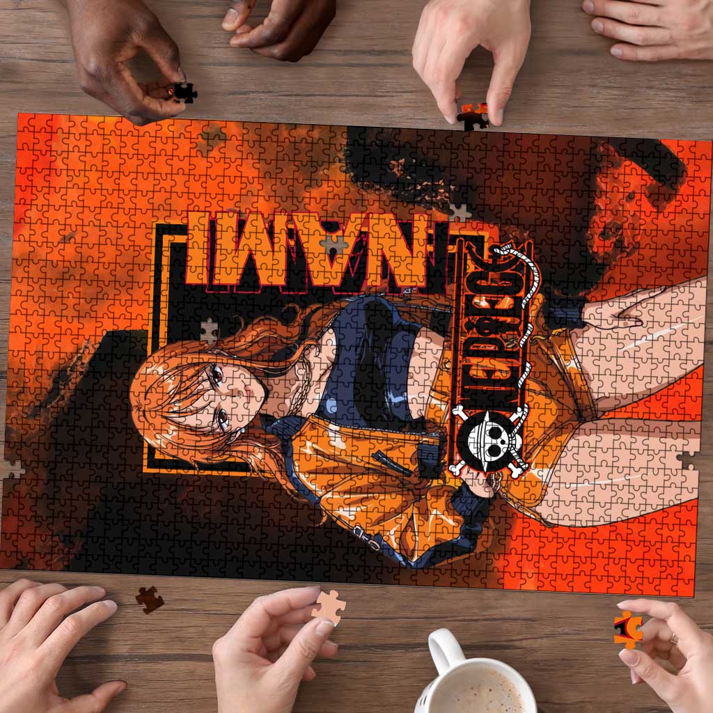 Nami One Piece Orange and Black Theme Puzzle with Navigator Pose and Weather Staff Design - The Mazicc