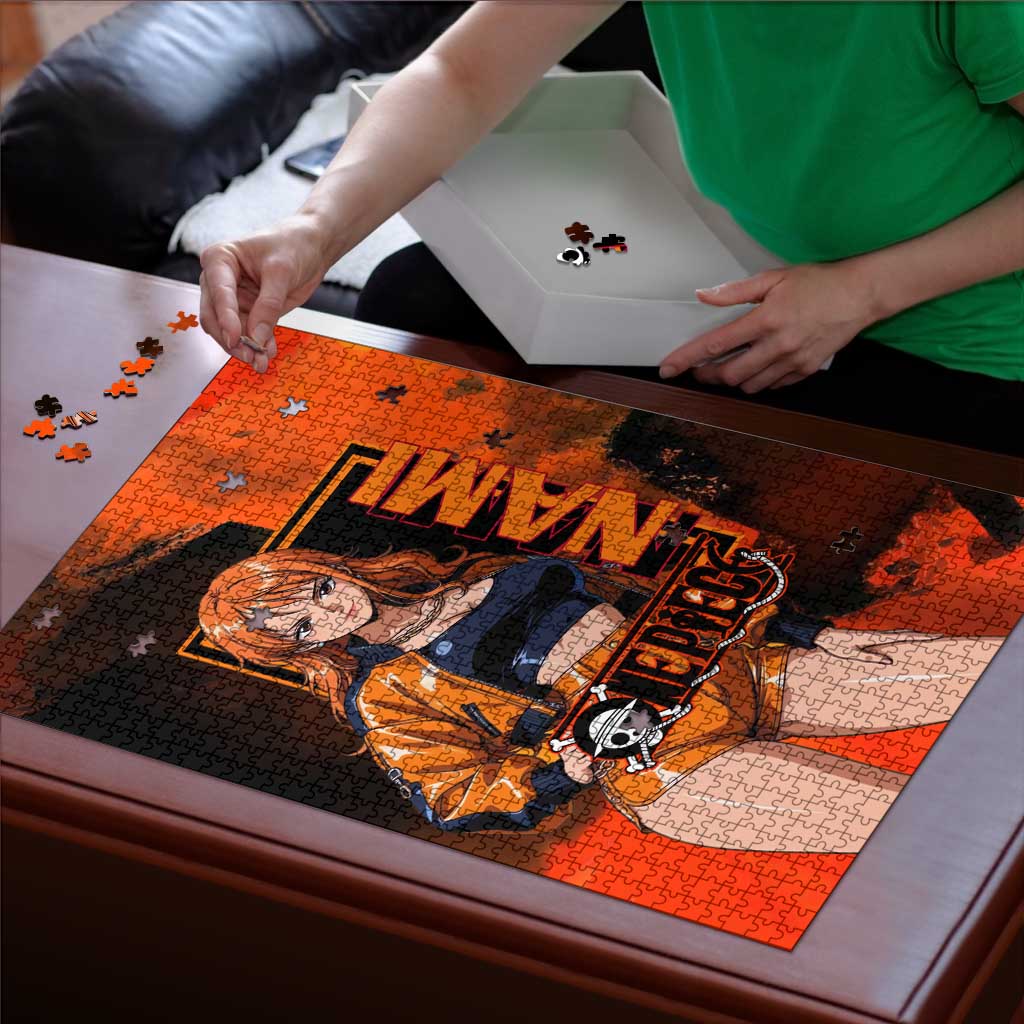 Nami One Piece Orange and Black Theme Puzzle with Navigator Pose and Weather Staff Design - The Mazicc