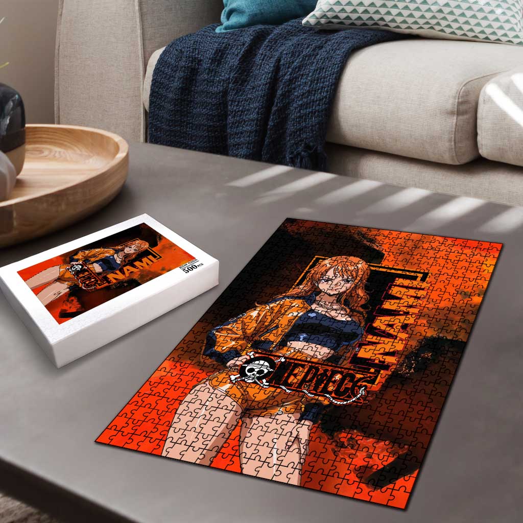 Nami One Piece Orange and Black Theme Puzzle with Navigator Pose and Weather Staff Design - The Mazicc