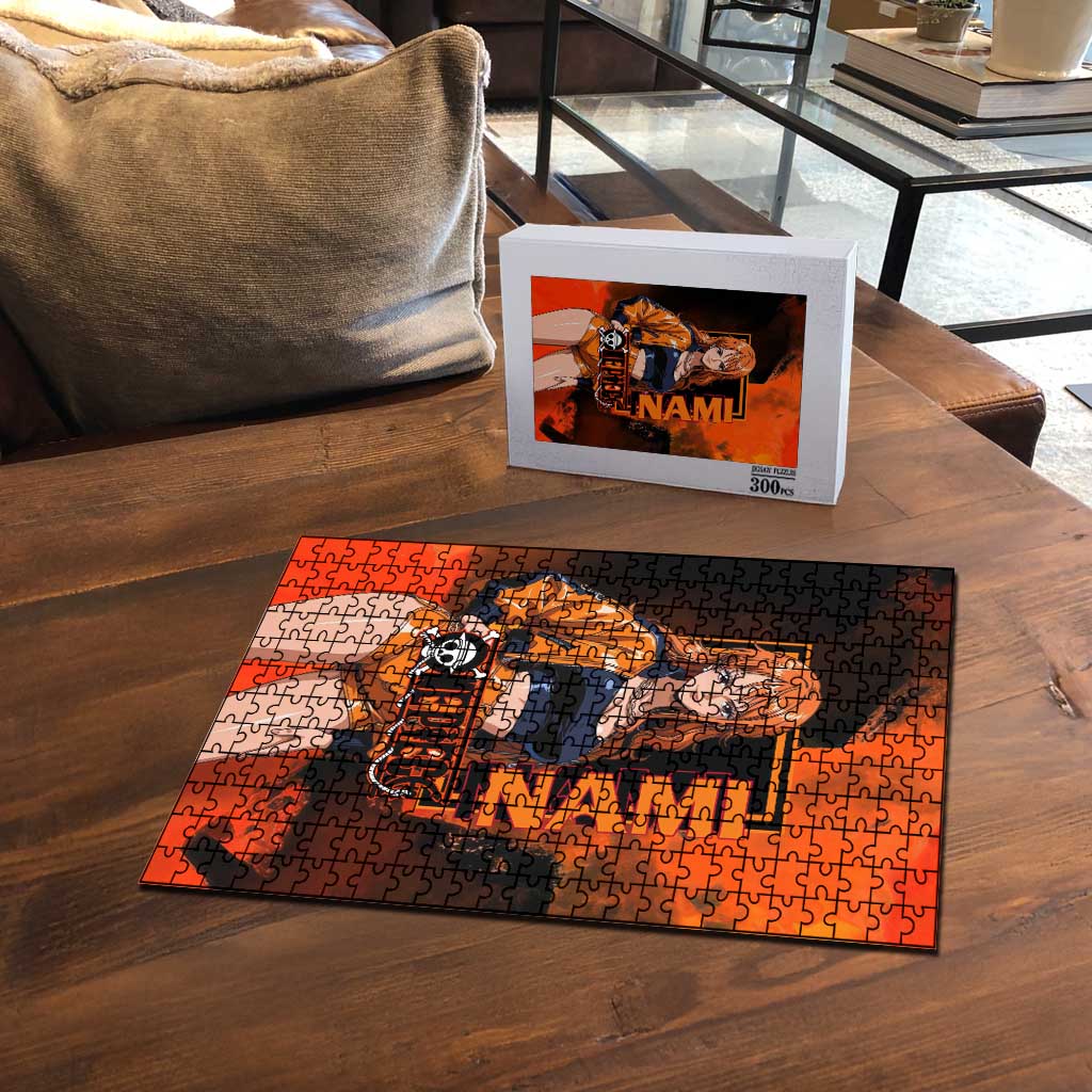 Nami One Piece Orange and Black Theme Puzzle with Navigator Pose and Weather Staff Design - The Mazicc