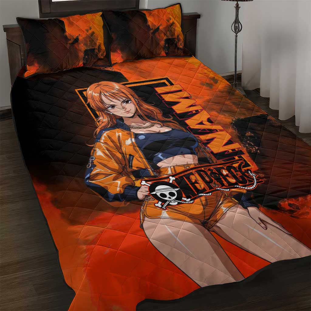Nami One Piece Orange and Black Theme Quilt Bed Set with Navigator Pose and Weather Staff Design - The Mazicc