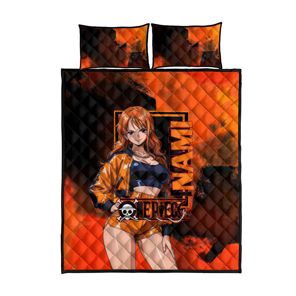 Nami One Piece Orange and Black Theme Quilt Bed Set with Navigator Pose and Weather Staff Design - The Mazicc