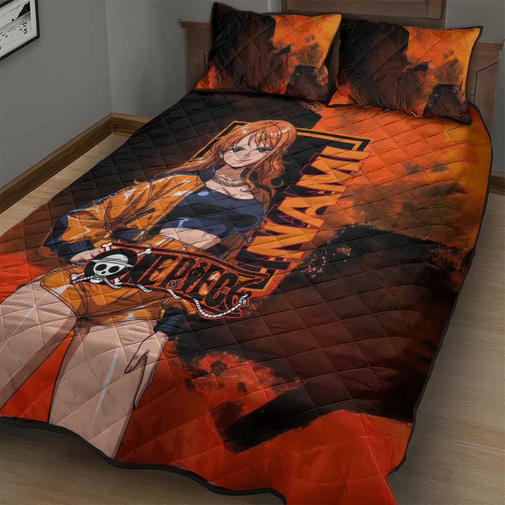 Nami One Piece Orange and Black Theme Quilt Bed Set with Navigator Pose and Weather Staff Design - The Mazicc