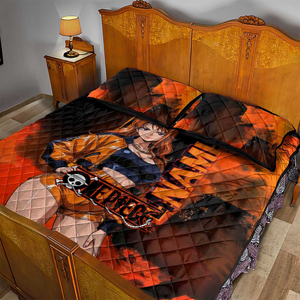 Nami One Piece Orange and Black Theme Quilt Bed Set with Navigator Pose and Weather Staff Design - The Mazicc