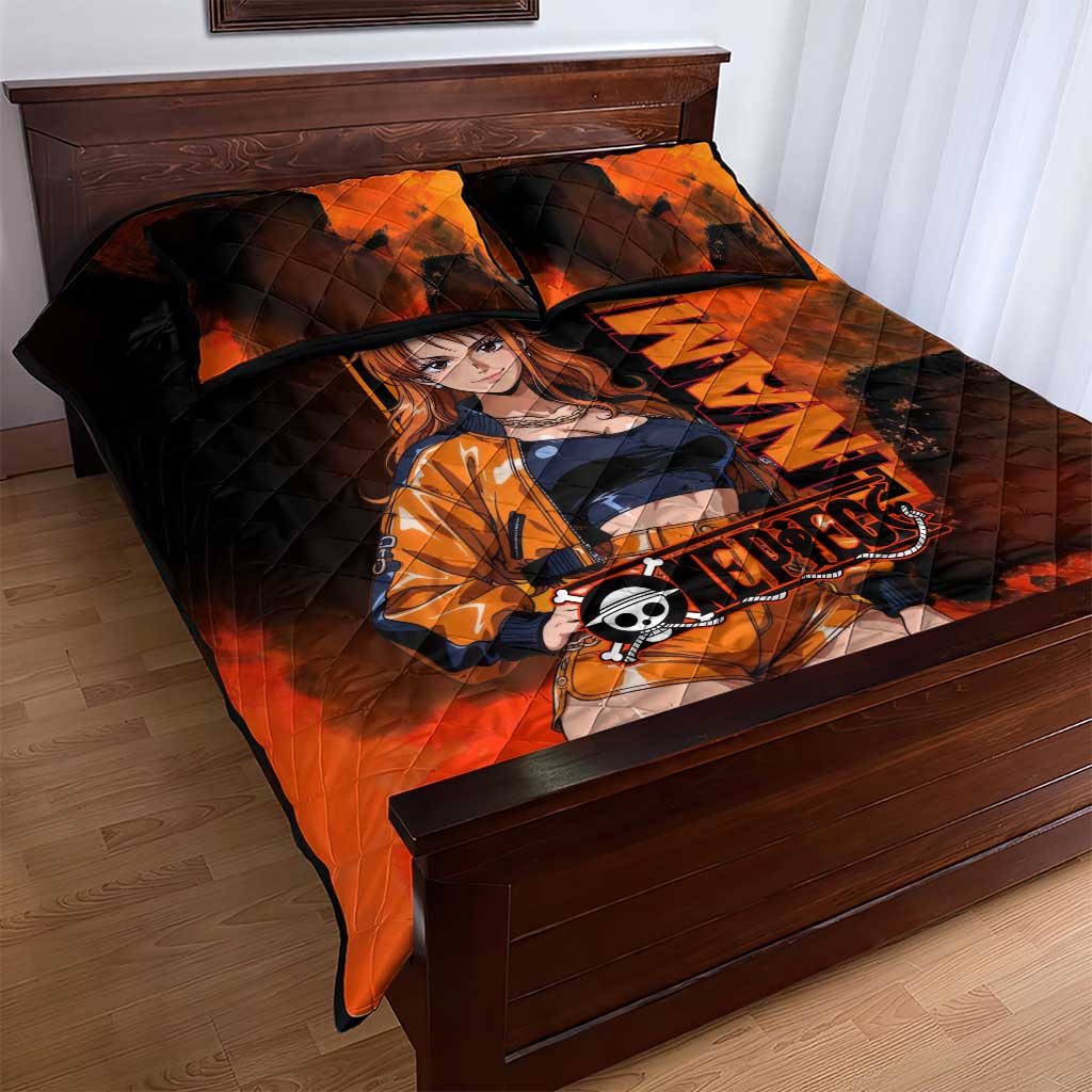 Nami One Piece Orange and Black Theme Quilt Bed Set with Navigator Pose and Weather Staff Design - The Mazicc