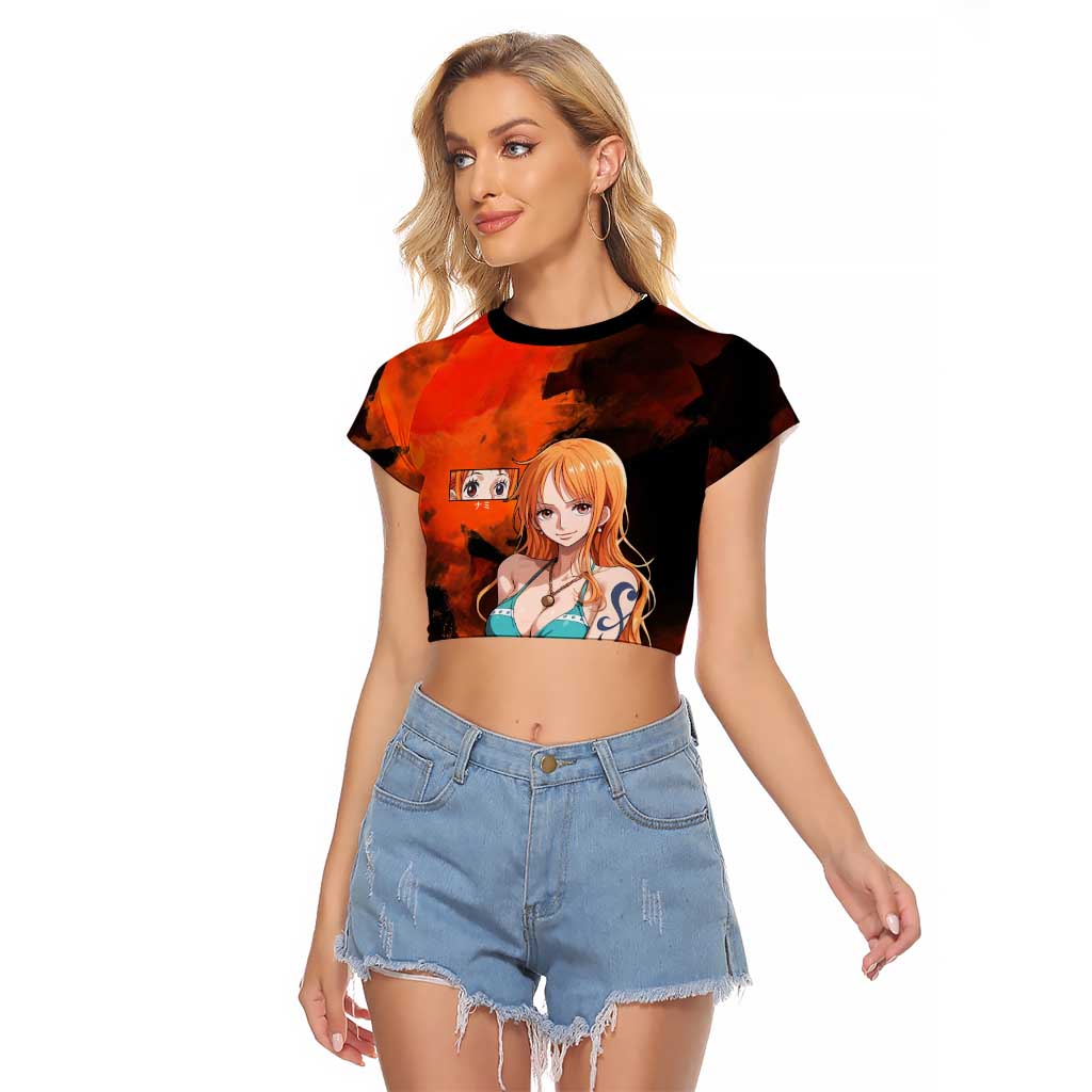 Nami One Piece Orange and Black Theme Raglan Cropped T Shirt with Navigator Pose and Weather Staff Design - The Mazicc