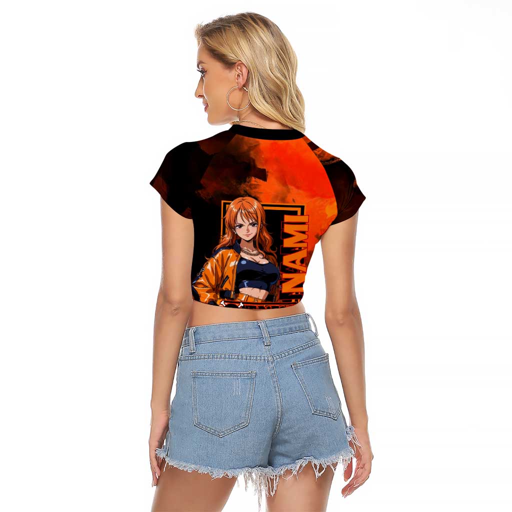 Nami One Piece Orange and Black Theme Raglan Cropped T Shirt with Navigator Pose and Weather Staff Design - The Mazicc