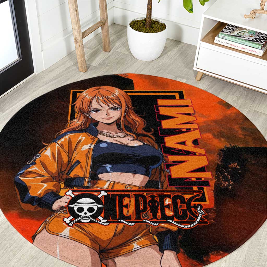 Nami One Piece Orange and Black Theme Round Carpet with Navigator Pose and Weather Staff Design - The Mazicc