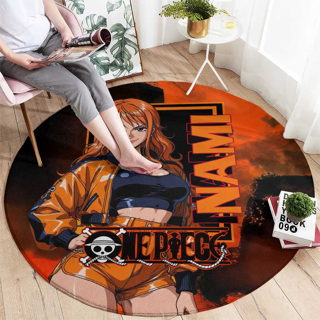 Nami One Piece Orange and Black Theme Round Carpet with Navigator Pose and Weather Staff Design - The Mazicc