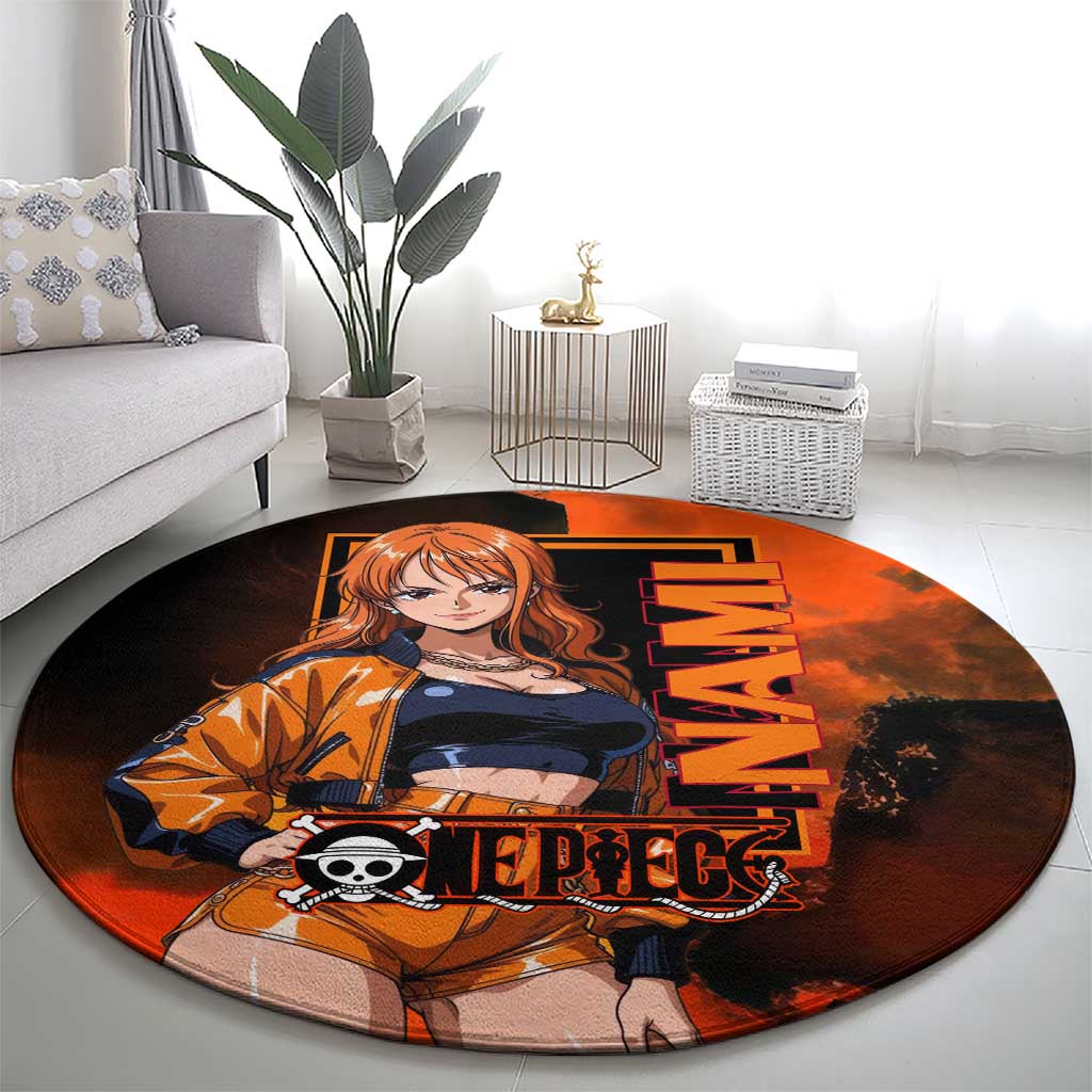 Nami One Piece Orange and Black Theme Round Carpet with Navigator Pose and Weather Staff Design - The Mazicc