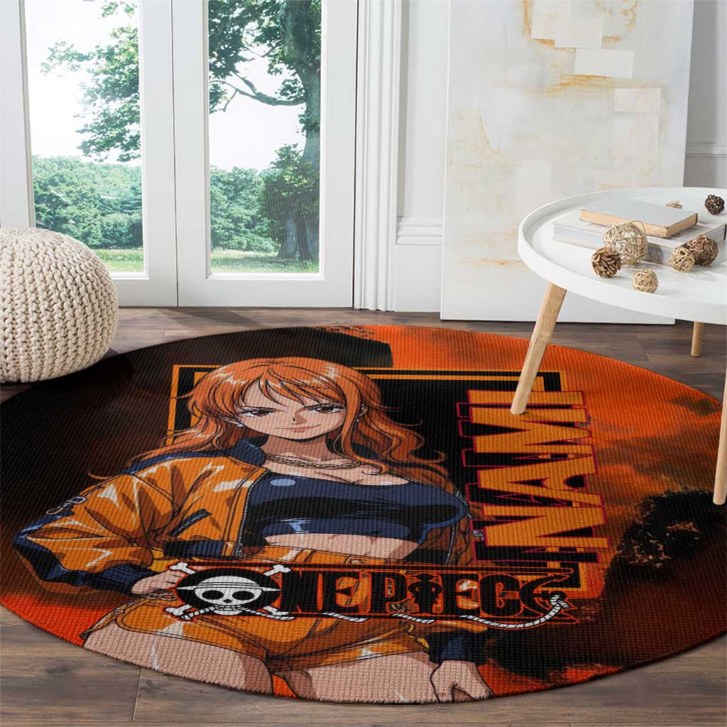 Nami One Piece Orange and Black Theme Round Carpet with Navigator Pose and Weather Staff Design - The Mazicc