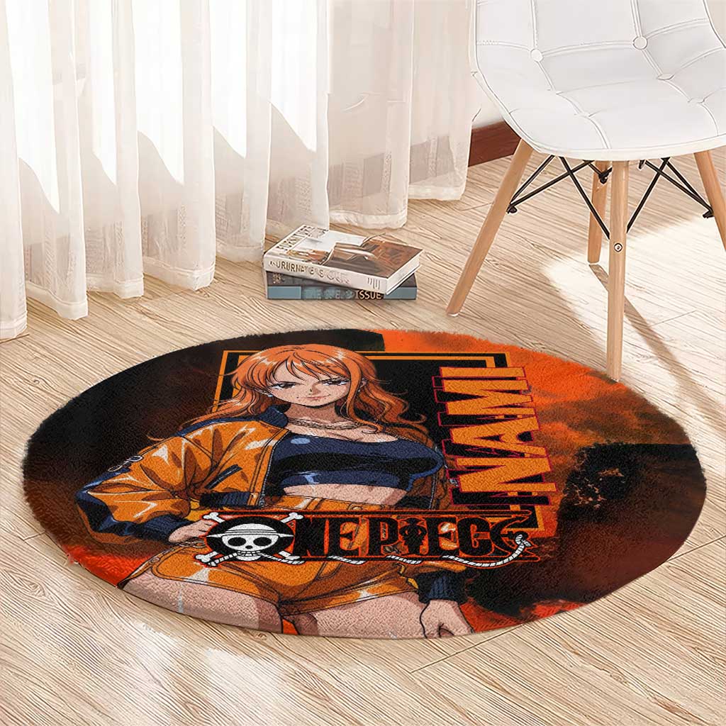 Nami One Piece Orange and Black Theme Round Carpet with Navigator Pose and Weather Staff Design - The Mazicc