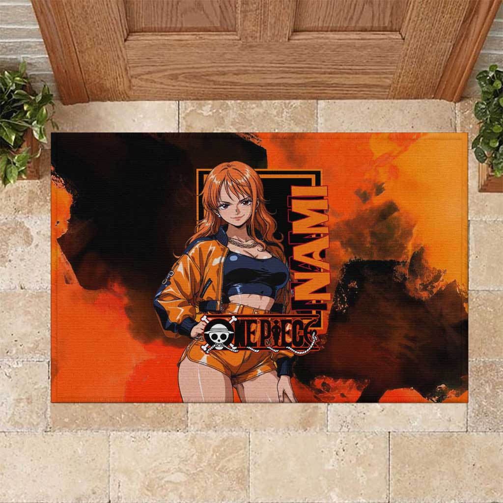 Nami One Piece Orange and Black Theme Rubber Doormat with Navigator Pose and Weather Staff Design - The Mazicc