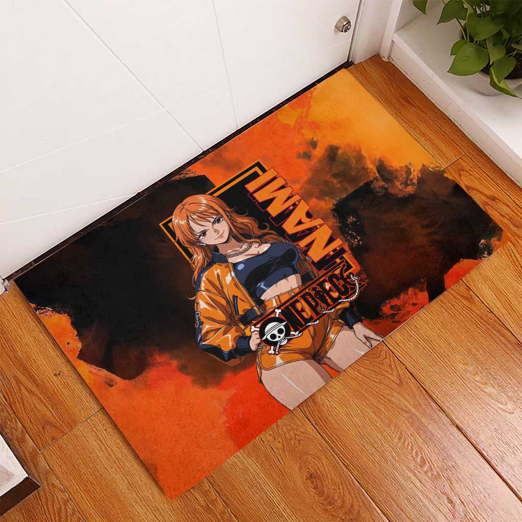 Nami One Piece Orange and Black Theme Rubber Doormat with Navigator Pose and Weather Staff Design - The Mazicc