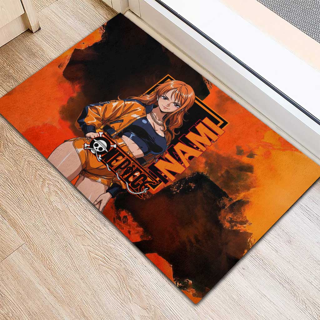 Nami One Piece Orange and Black Theme Rubber Doormat with Navigator Pose and Weather Staff Design - The Mazicc