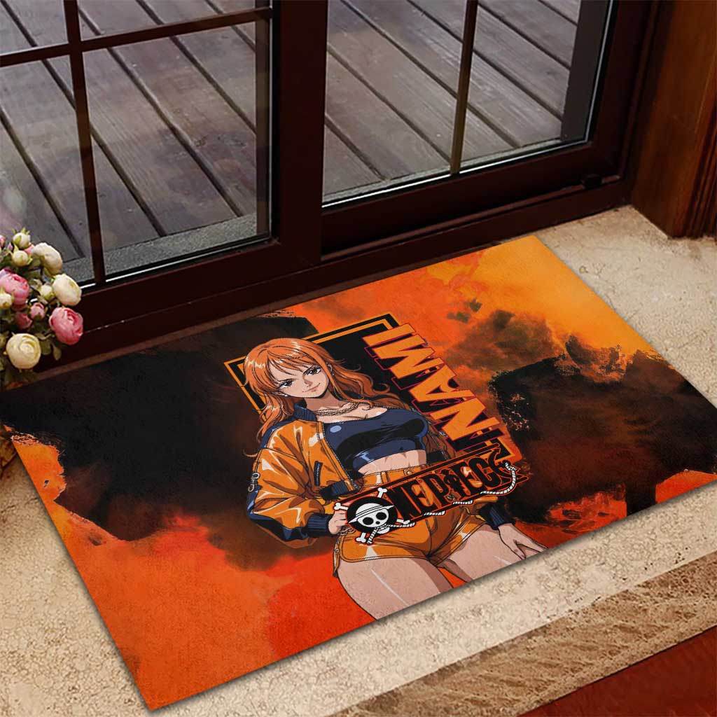 Nami One Piece Orange and Black Theme Rubber Doormat with Navigator Pose and Weather Staff Design - The Mazicc