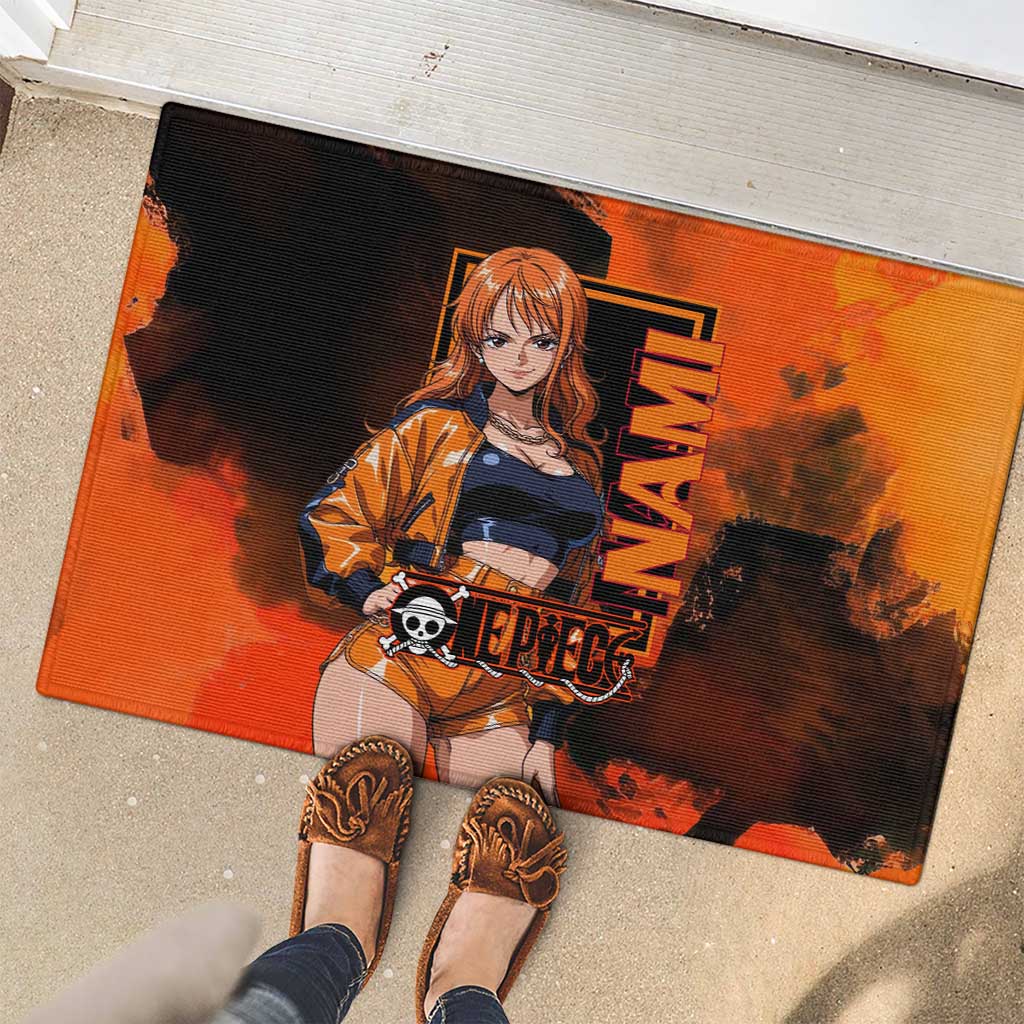 Nami One Piece Orange and Black Theme Rubber Doormat with Navigator Pose and Weather Staff Design - The Mazicc