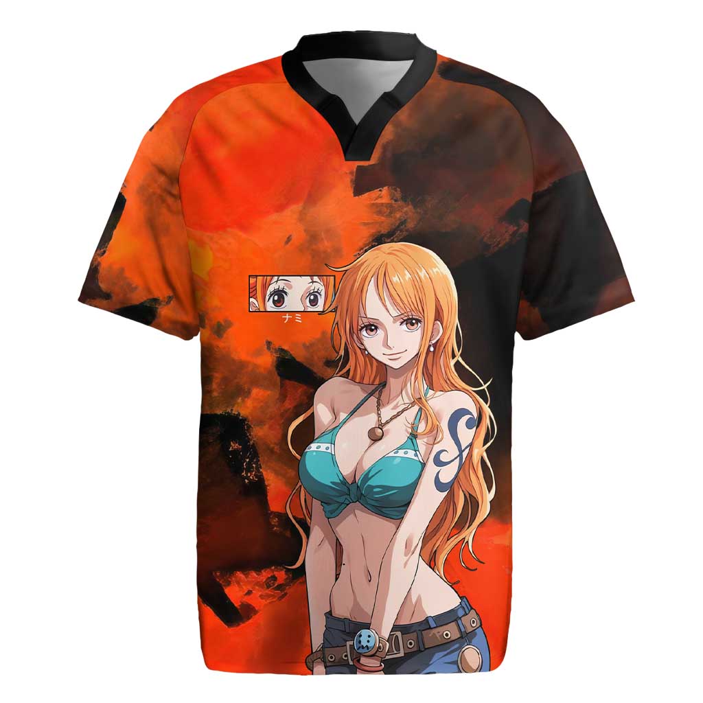 Nami One Piece Orange and Black Theme Rugby Jersey with Navigator Pose and Weather Staff Design - The Mazicc