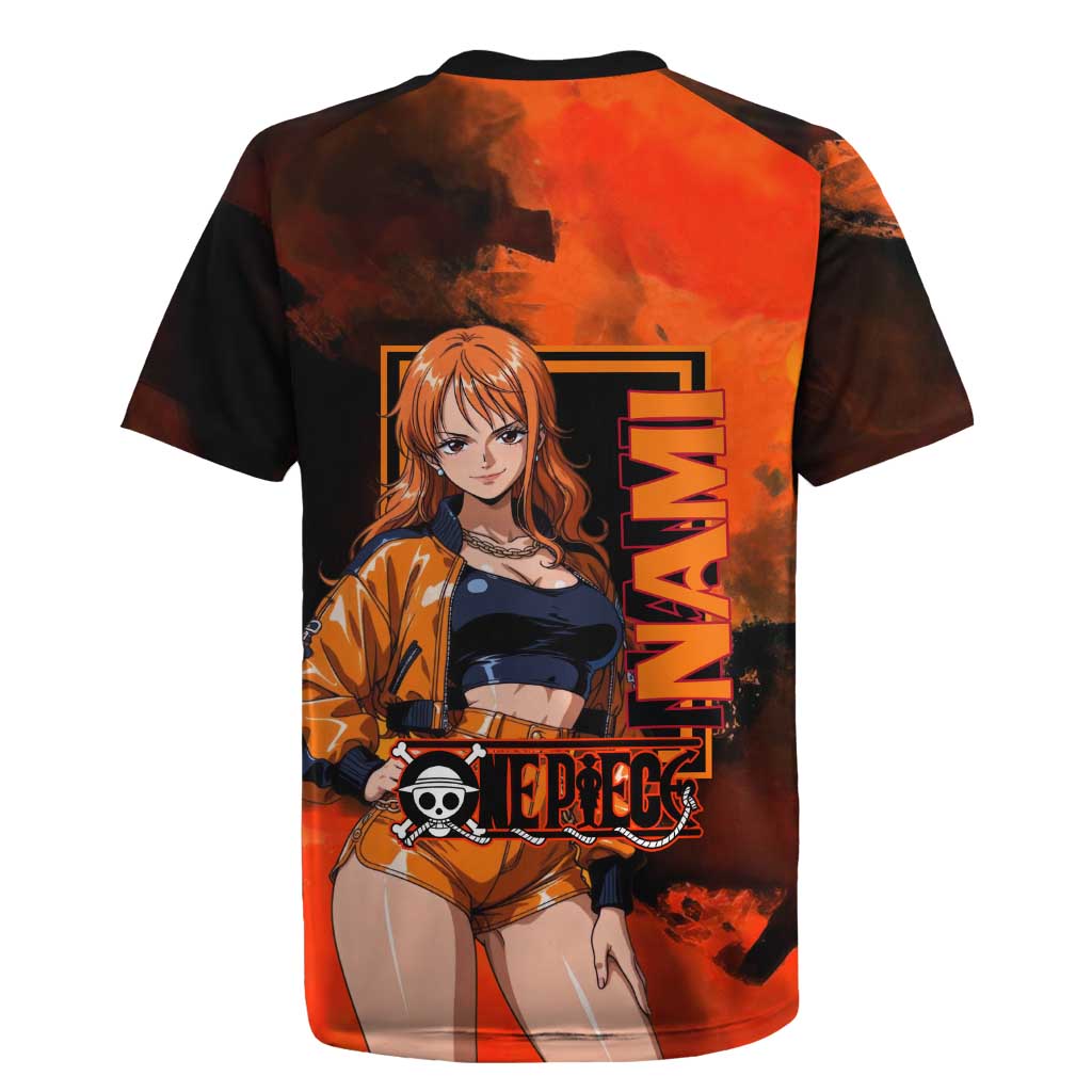 Nami One Piece Orange and Black Theme Rugby Jersey with Navigator Pose and Weather Staff Design - The Mazicc