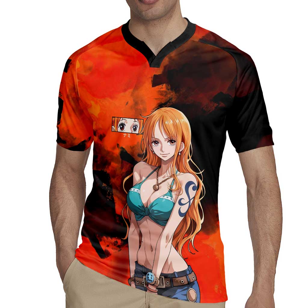 Nami One Piece Orange and Black Theme Rugby Jersey with Navigator Pose and Weather Staff Design - The Mazicc