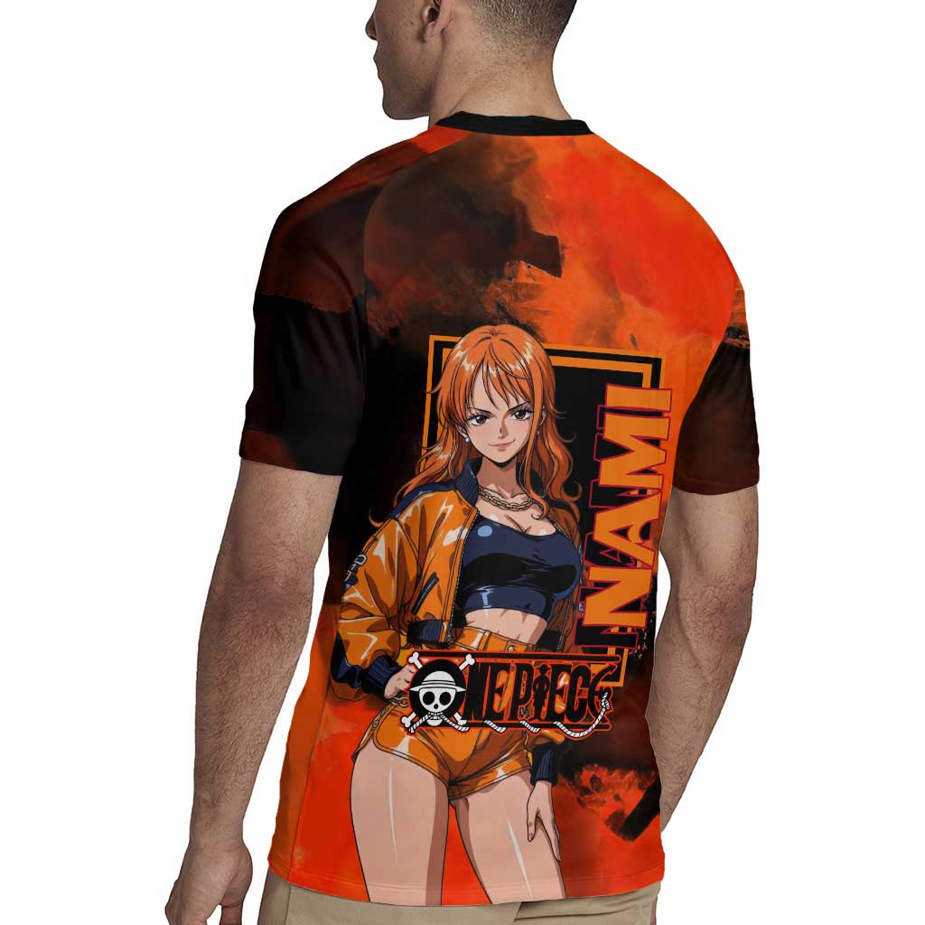 Nami One Piece Orange and Black Theme Rugby Jersey with Navigator Pose and Weather Staff Design - The Mazicc