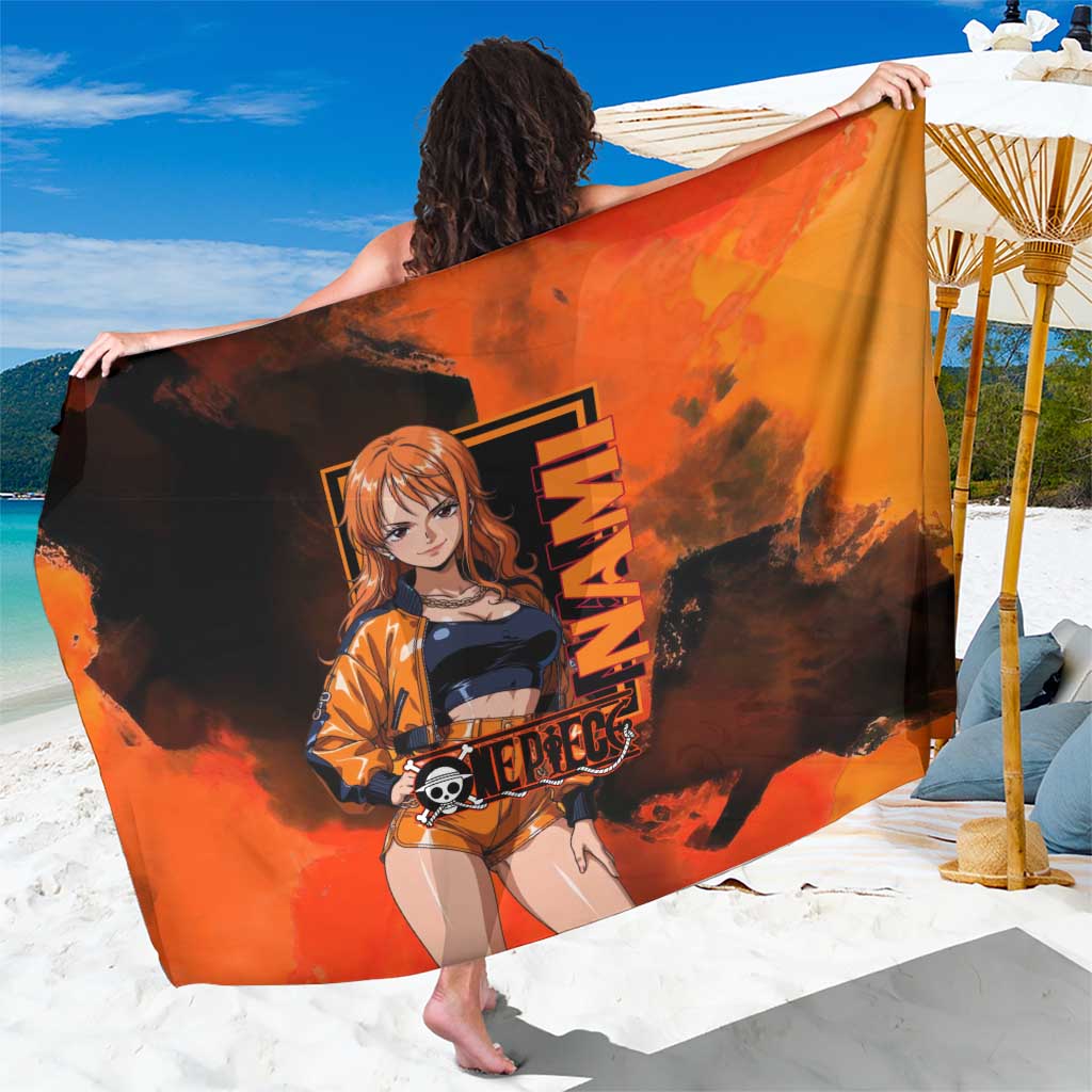 Nami One Piece Orange and Black Theme Sarong with Navigator Pose and Weather Staff Design - The Mazicc