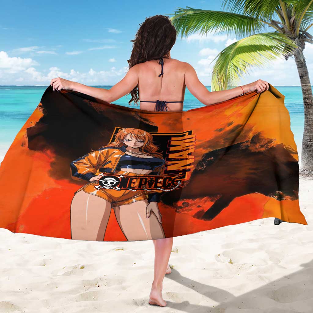 Nami One Piece Orange and Black Theme Sarong with Navigator Pose and Weather Staff Design - The Mazicc