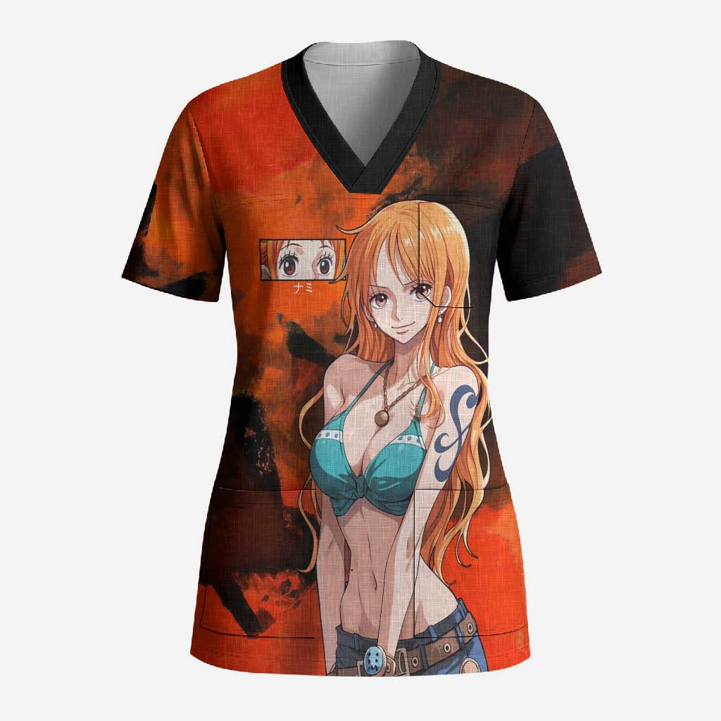 Nami One Piece Orange and Black Theme Scrub Top with Navigator Pose and Weather Staff Design - The Mazicc