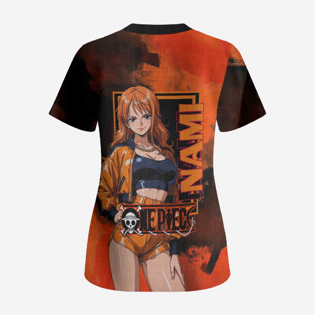 Nami One Piece Orange and Black Theme Scrub Top with Navigator Pose and Weather Staff Design - The Mazicc
