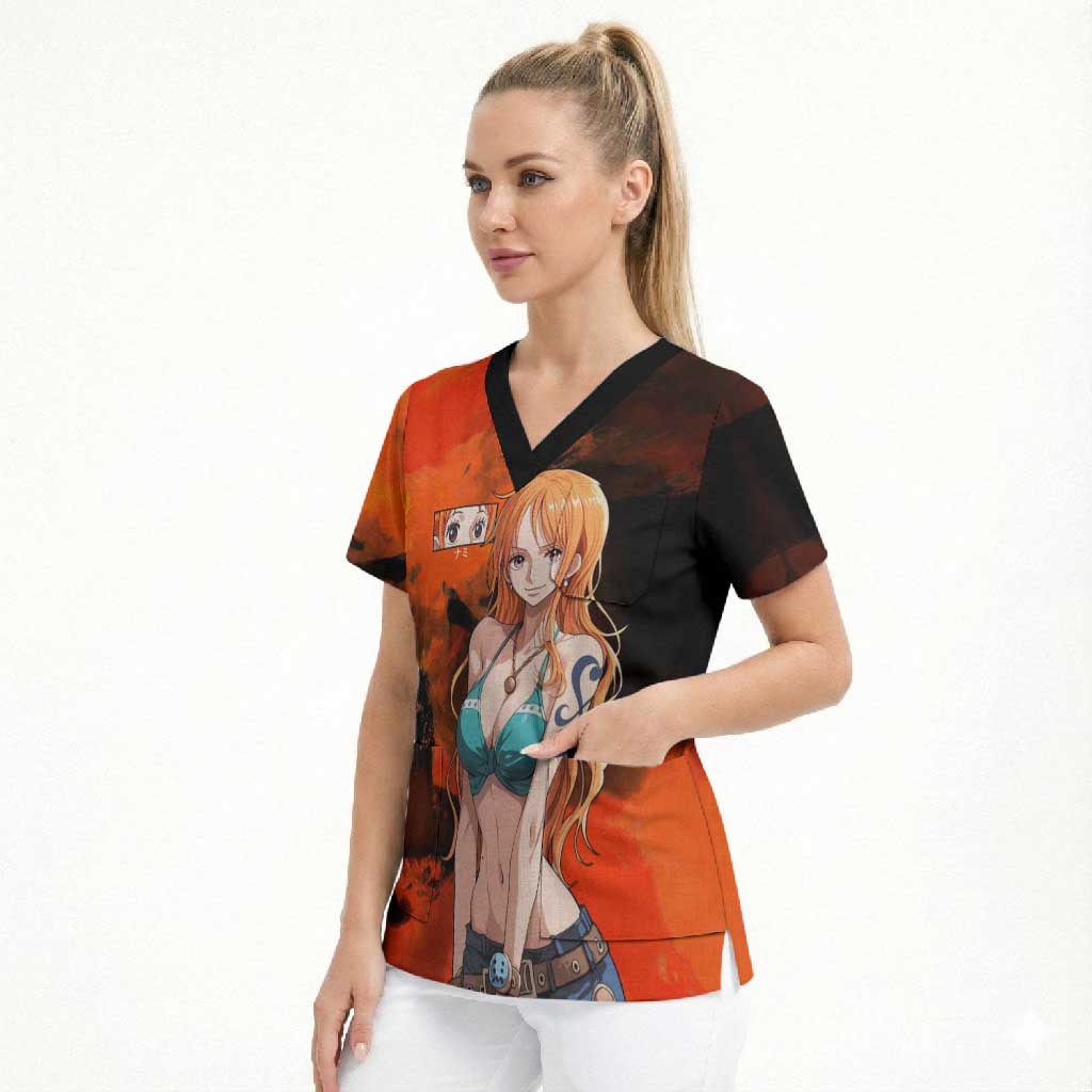 Nami One Piece Orange and Black Theme Scrub Top with Navigator Pose and Weather Staff Design - The Mazicc