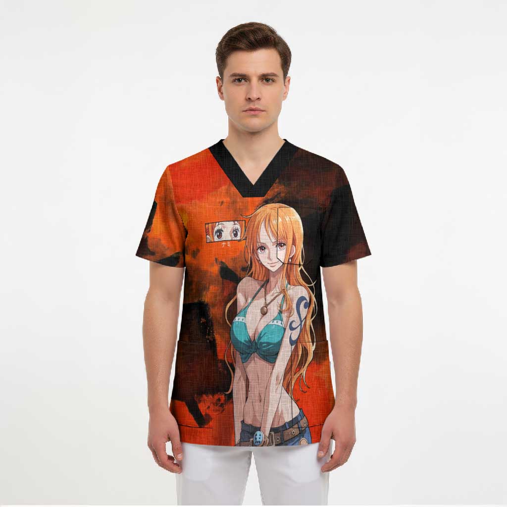Nami One Piece Orange and Black Theme Scrub Top with Navigator Pose and Weather Staff Design - The Mazicc