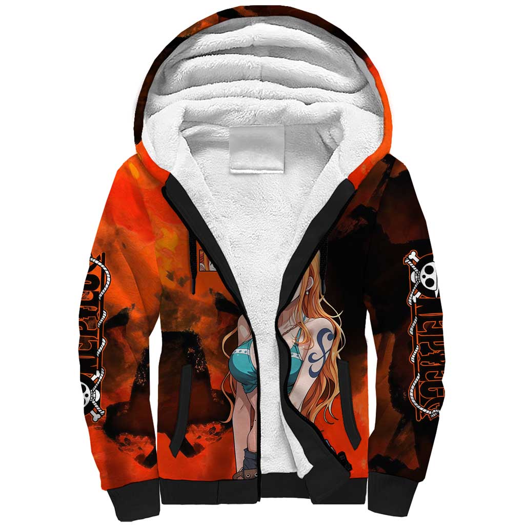 Nami One Piece Orange and Black Theme Sherpa Hoodie with Navigator Pose and Weather Staff Design - The Mazicc