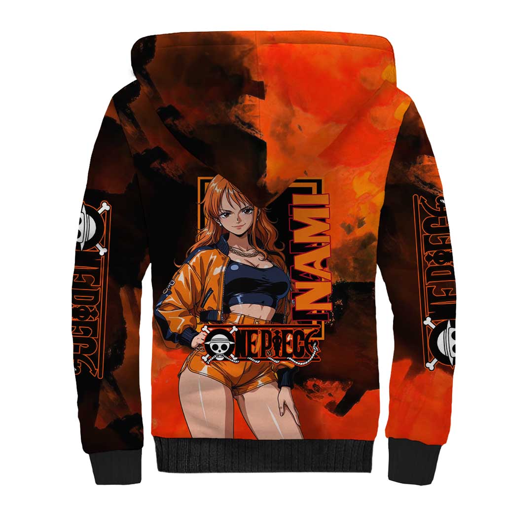 Nami One Piece Orange and Black Theme Sherpa Hoodie with Navigator Pose and Weather Staff Design - The Mazicc