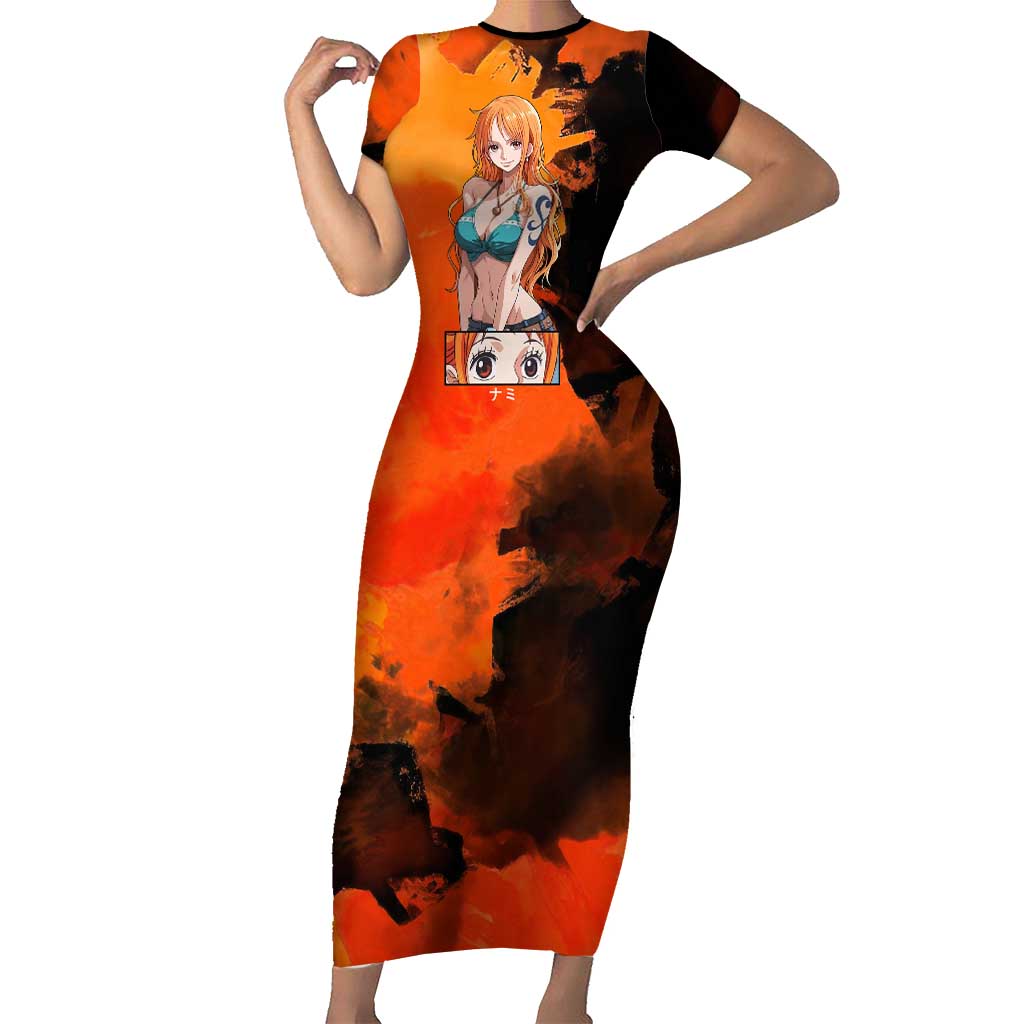 Nami One Piece Orange and Black Theme Short Sleeve Bodycon Dress with Navigator Pose and Weather Staff Design - The Mazicc