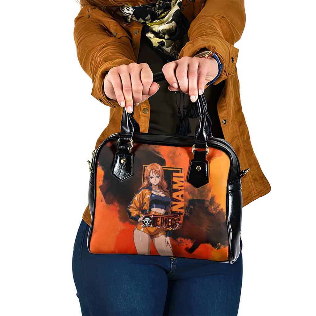 Nami One Piece Orange and Black Theme Shoulder Handbag with Navigator Pose and Weather Staff Design - The Mazicc