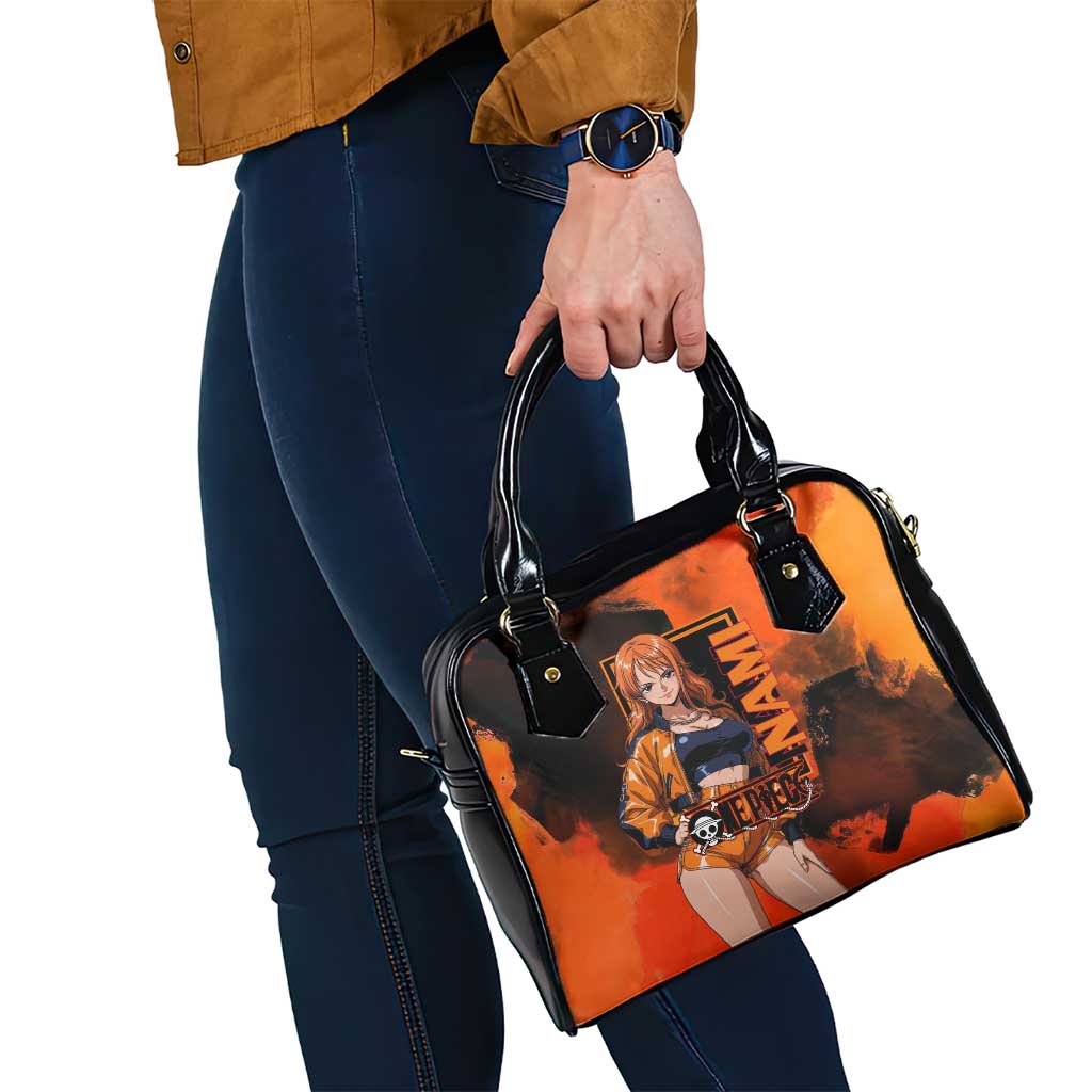 Nami One Piece Orange and Black Theme Shoulder Handbag with Navigator Pose and Weather Staff Design - The Mazicc