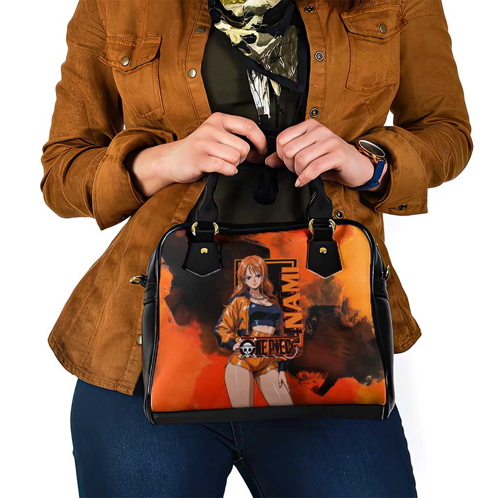 Nami One Piece Orange and Black Theme Shoulder Handbag with Navigator Pose and Weather Staff Design - The Mazicc