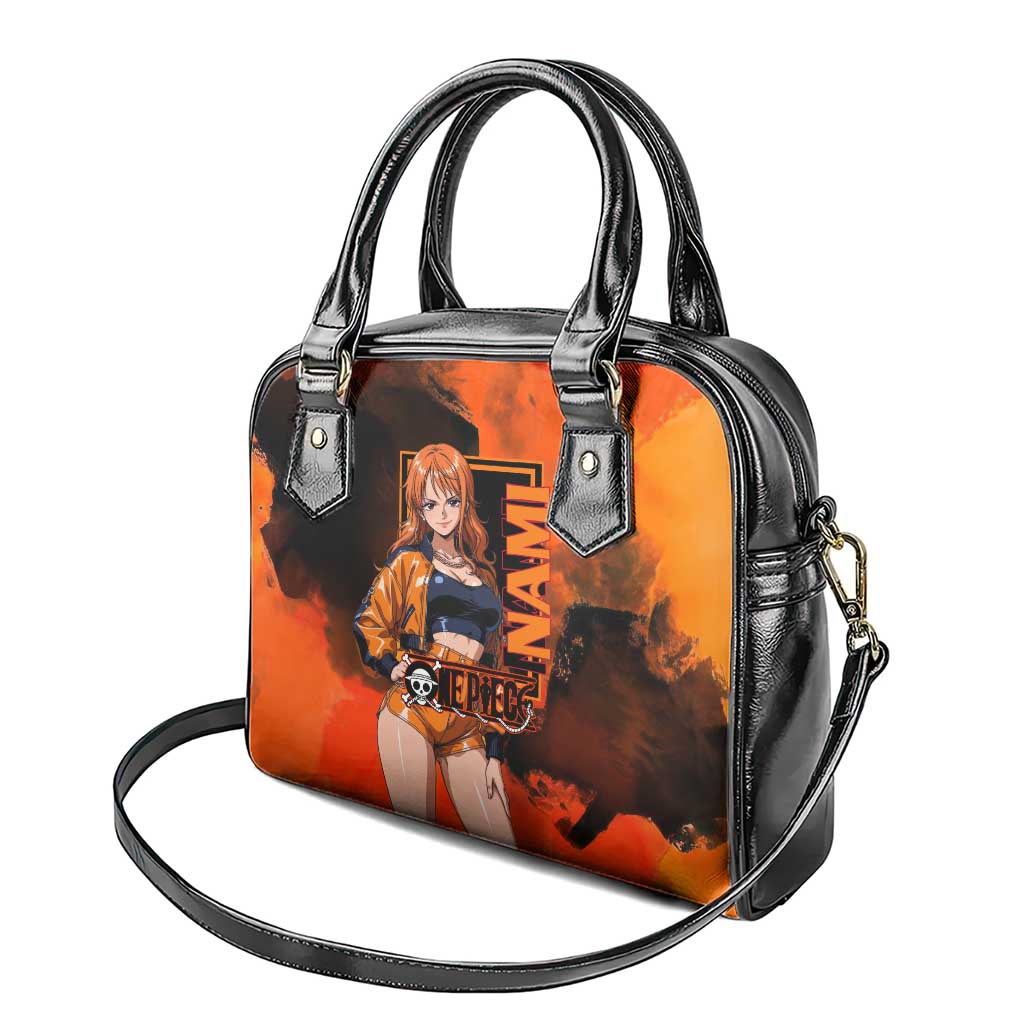 Nami One Piece Orange and Black Theme Shoulder Handbag with Navigator Pose and Weather Staff Design - The Mazicc