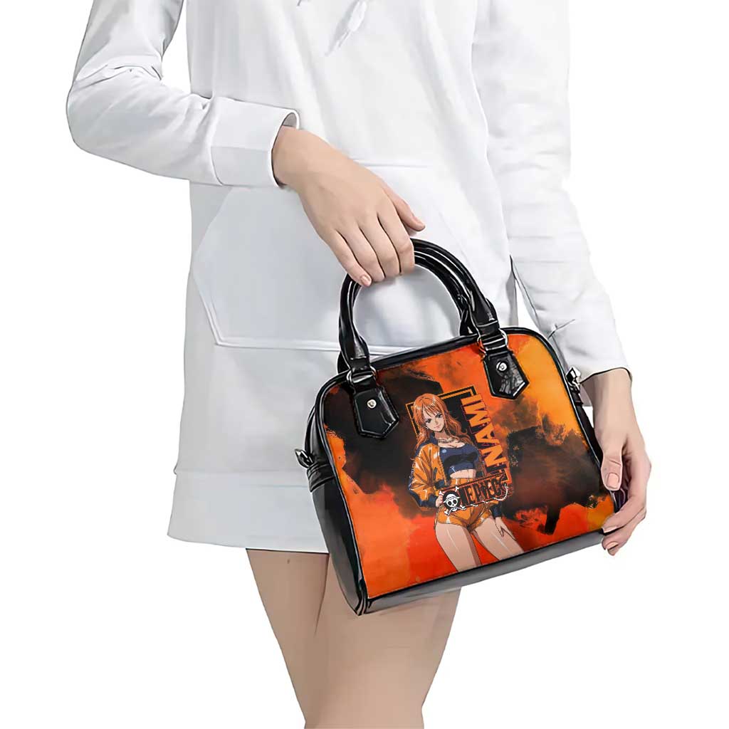 Nami One Piece Orange and Black Theme Shoulder Handbag with Navigator Pose and Weather Staff Design - The Mazicc