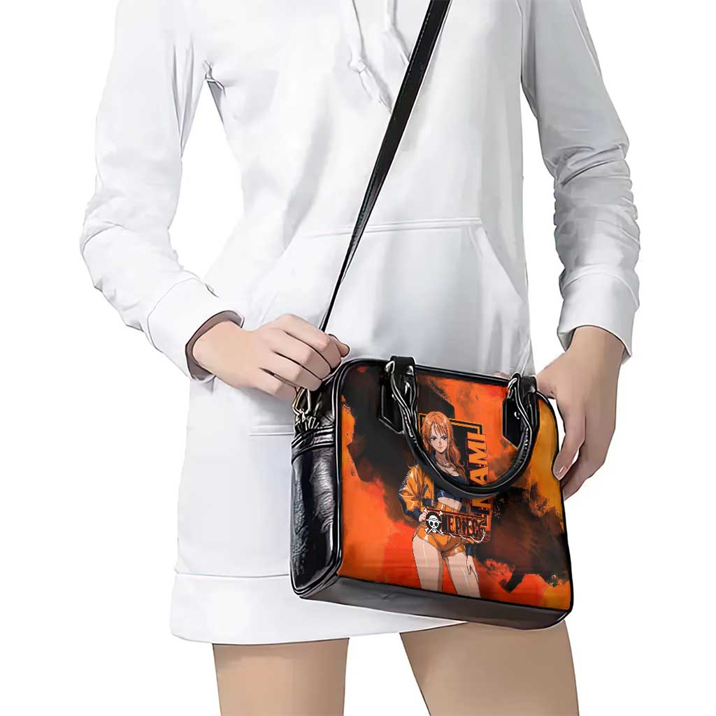 Nami One Piece Orange and Black Theme Shoulder Handbag with Navigator Pose and Weather Staff Design - The Mazicc