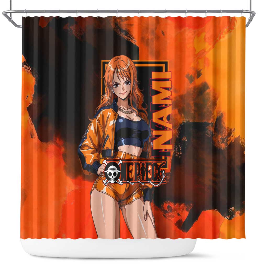 Nami One Piece Orange and Black Theme Shower Curtain with Navigator Pose and Weather Staff Design - The Mazicc