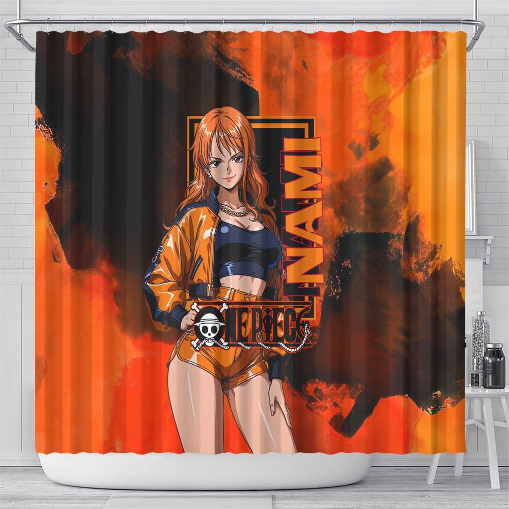 Nami One Piece Orange and Black Theme Shower Curtain with Navigator Pose and Weather Staff Design - The Mazicc