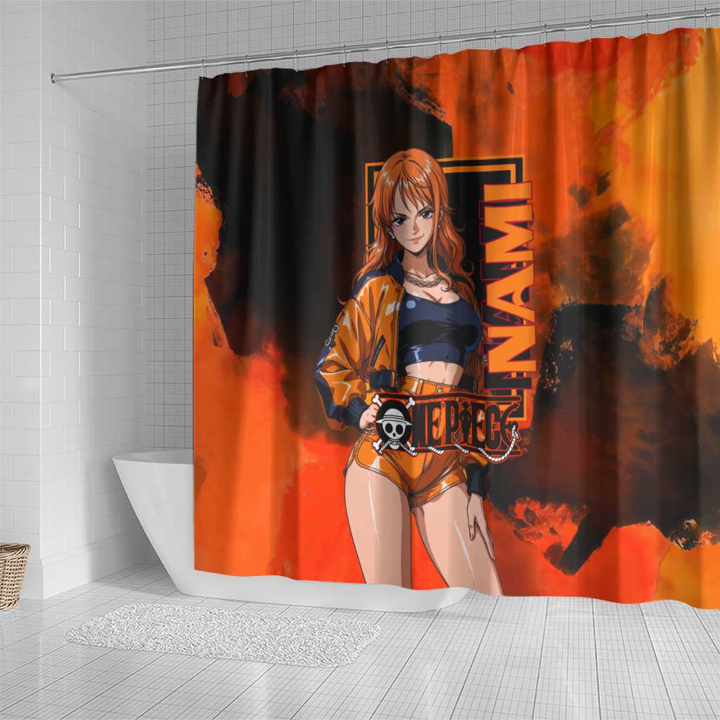 Nami One Piece Orange and Black Theme Shower Curtain with Navigator Pose and Weather Staff Design - The Mazicc