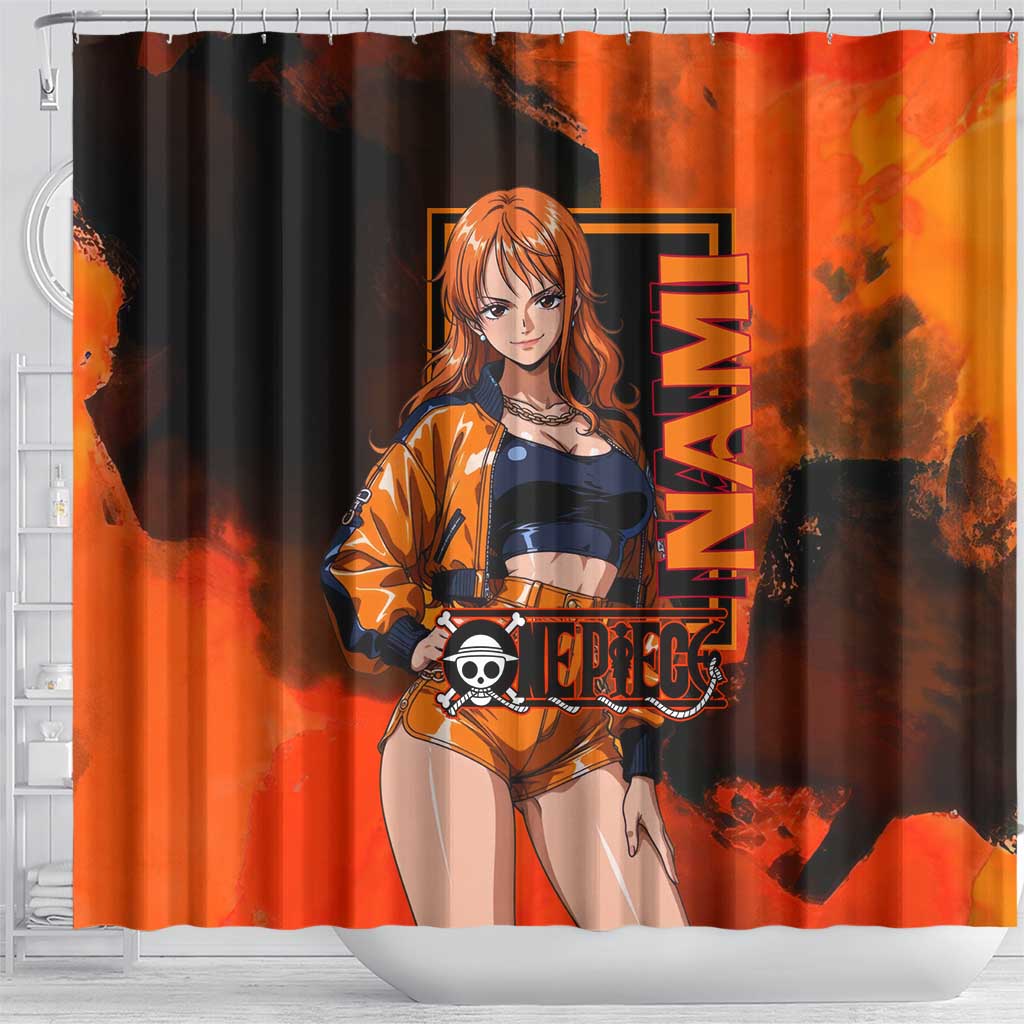 Nami One Piece Orange and Black Theme Shower Curtain with Navigator Pose and Weather Staff Design - The Mazicc